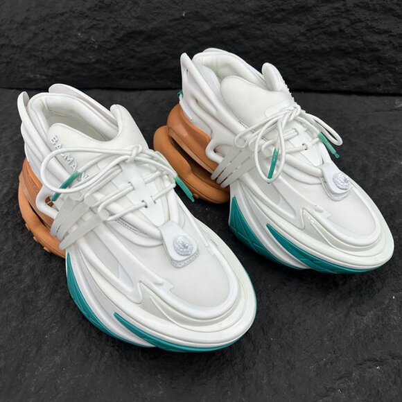 Balmain White With Yellow Heels, Pointed-Toe Wavy Sneakers. - Picture 1 of 9